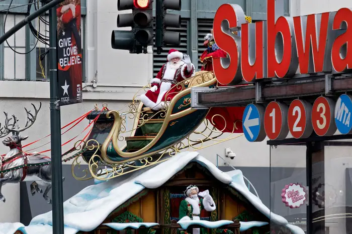 Float carrying Santa Claus and Mrs. Claus during the 2020 pandemic version of the parade